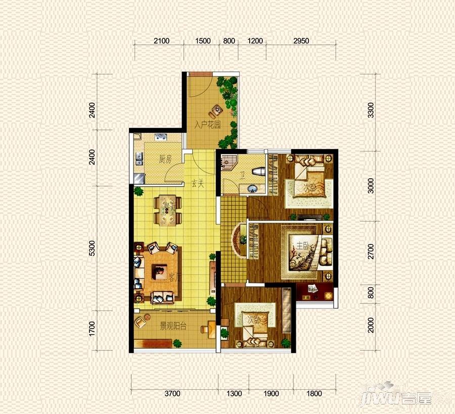 南宁宝能城市广场3室2厅1卫79㎡户型图