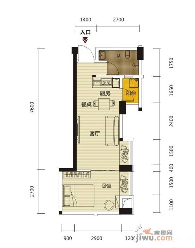 丰泽SOHO1室1厅1卫47.3㎡户型图