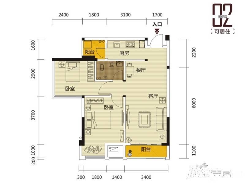 丰泽SOHO2室2厅1卫84.8㎡户型图