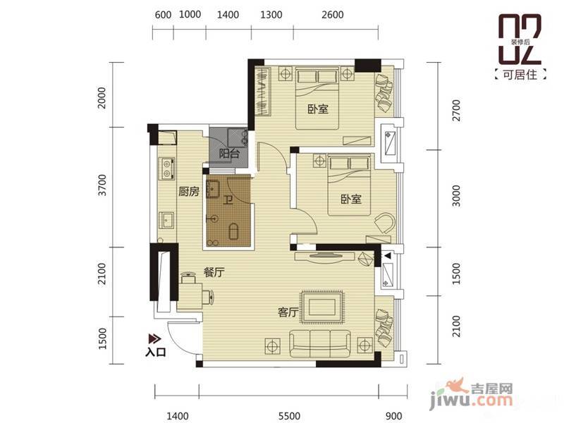 丰泽SOHO2室2厅1卫70.3㎡户型图