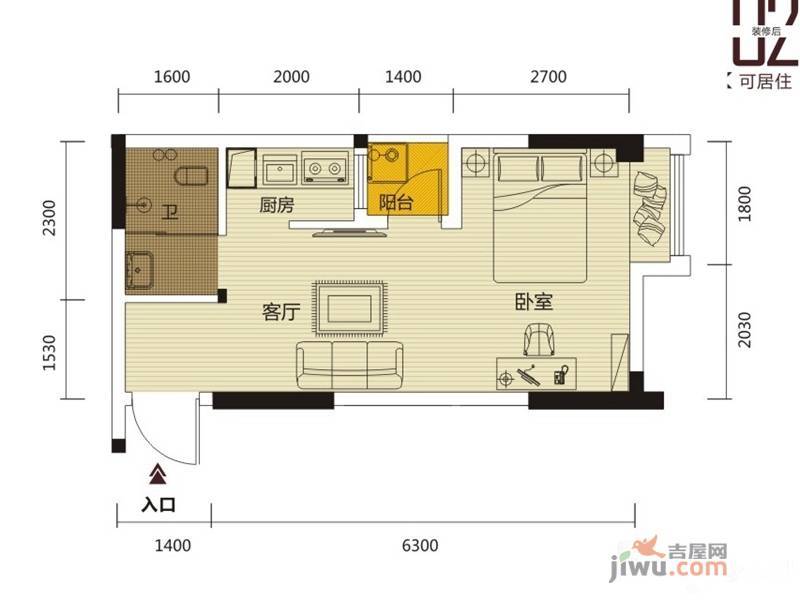 丰泽SOHO1室1厅1卫40.2㎡户型图