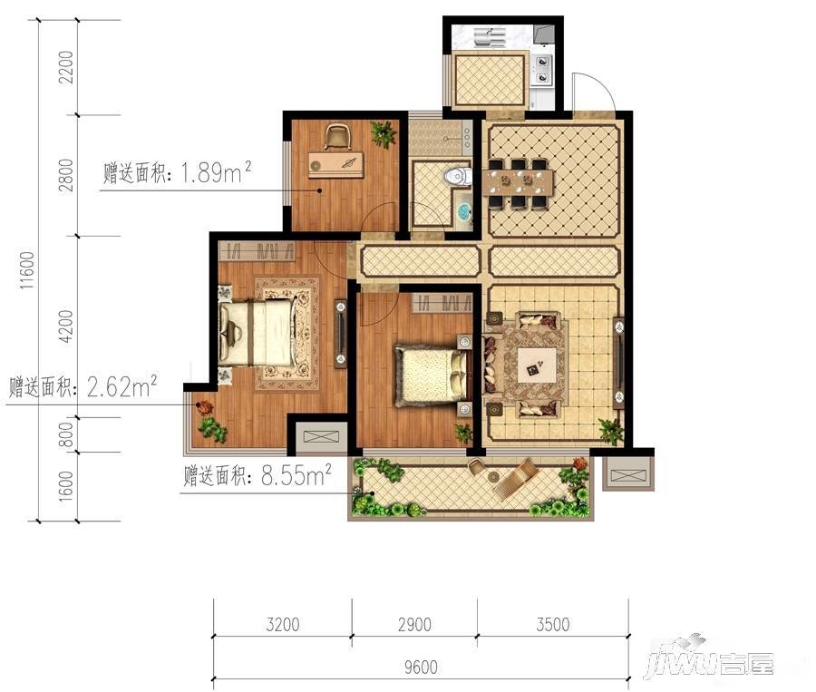 南宁万达茂3室2厅1卫88㎡户型图