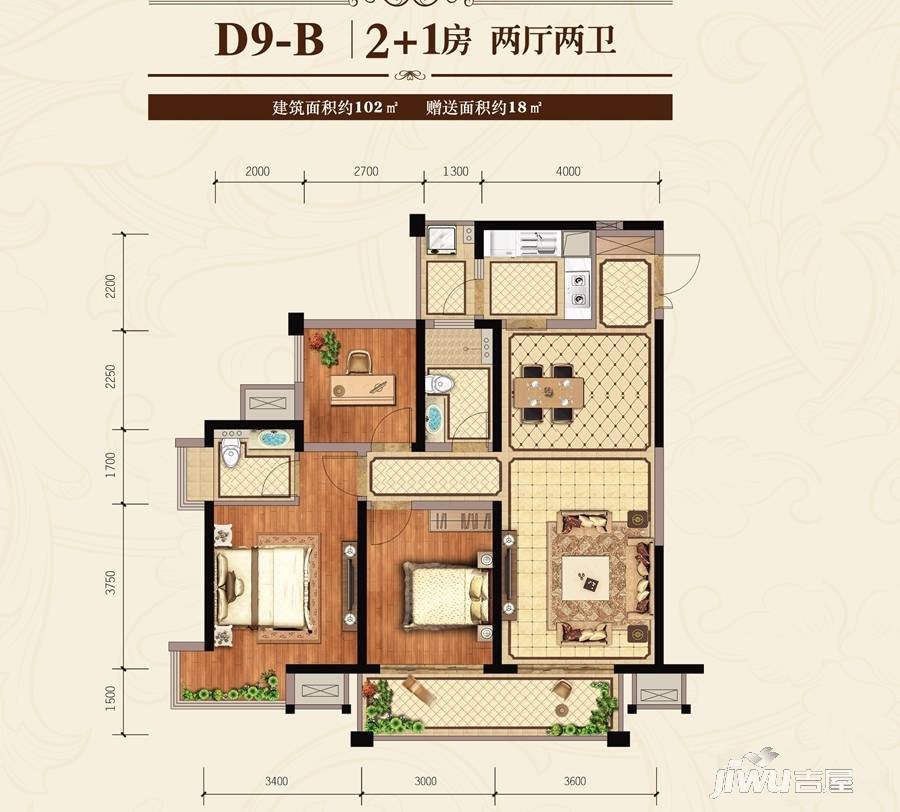 南宁万达茂3室2厅2卫102㎡户型图