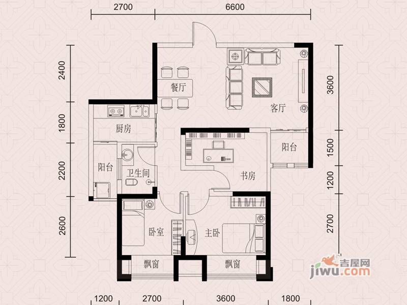 天筑食尚广场3室2厅1卫77.4㎡户型图