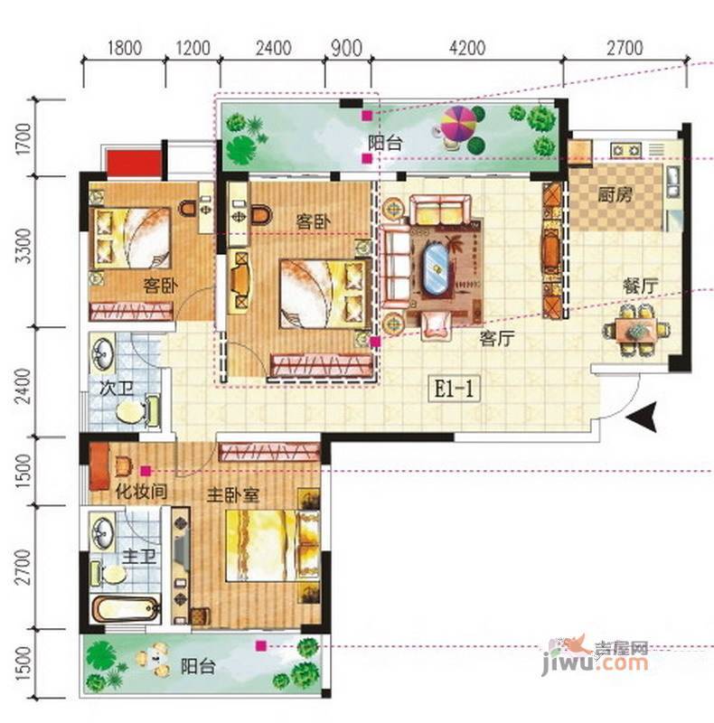 启美新城3室2厅2卫127.3㎡户型图