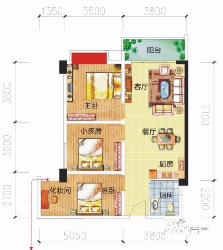 启美新城3室2厅1卫87.4㎡户型图