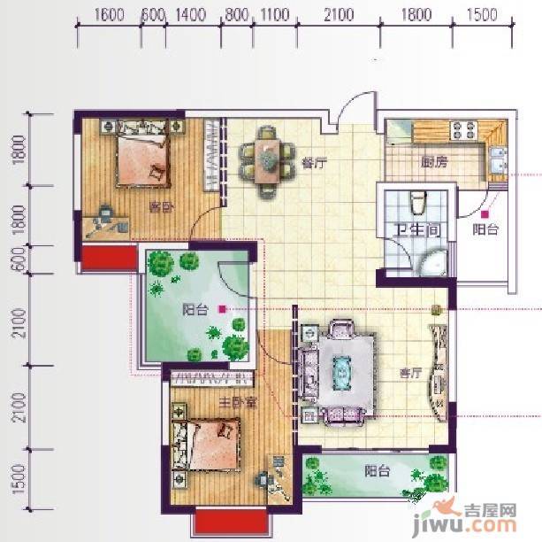 启美新城2室2厅1卫96.5㎡户型图