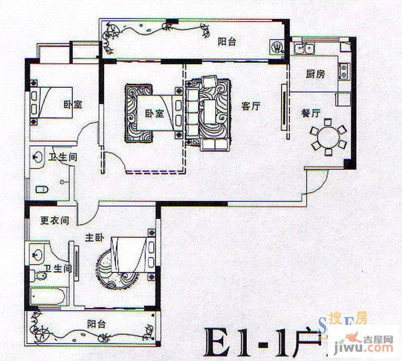 启美新城3室2厅2卫127.3㎡户型图