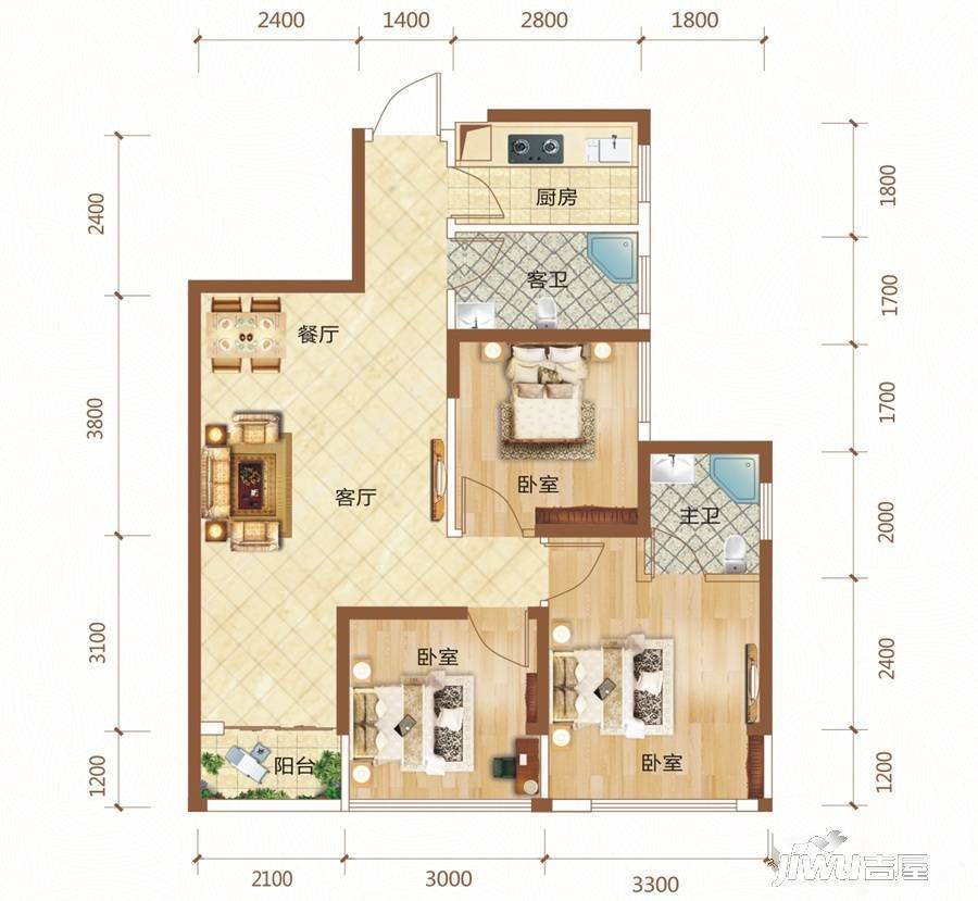 锦绣里3室2厅2卫86.7㎡户型图