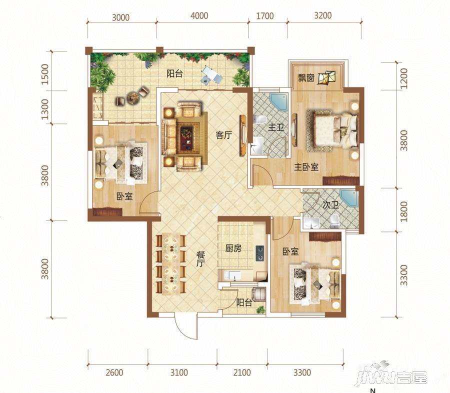 锦绣里3室2厅2卫115.7㎡户型图