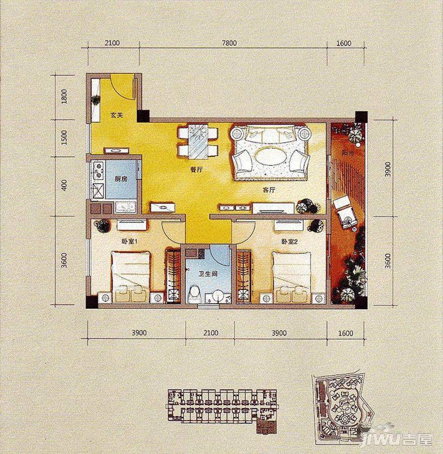 印尼园2室2厅1卫114㎡户型图