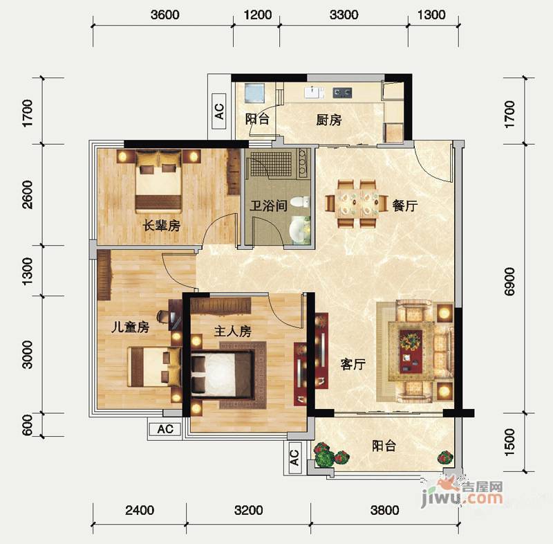 瀚林御景3室2厅1卫84㎡户型图