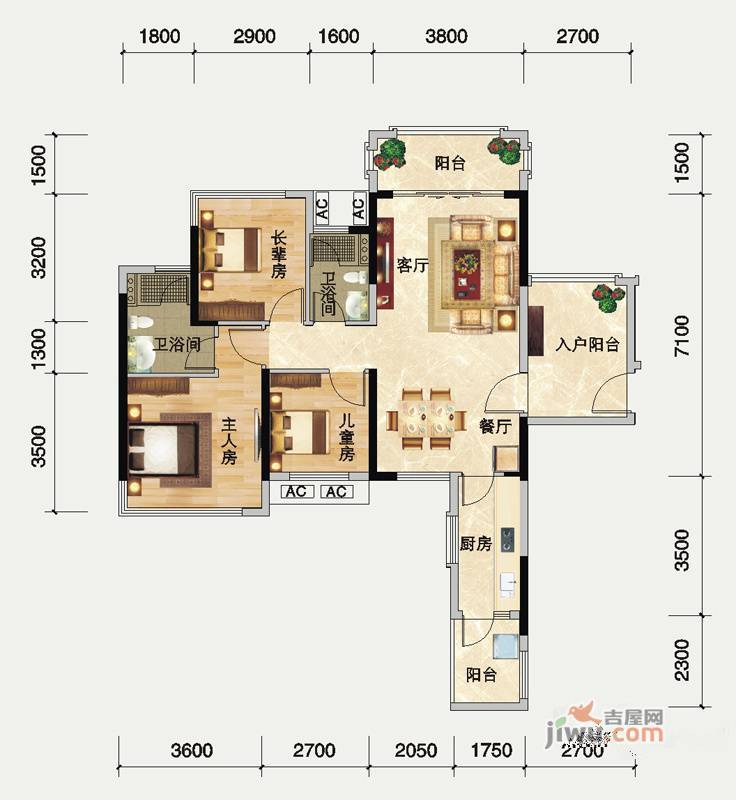 瀚林御景3室2厅2卫91㎡户型图