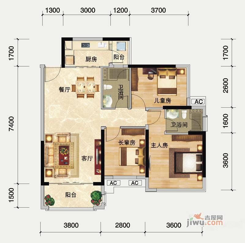 瀚林御景3室2厅2卫90㎡户型图