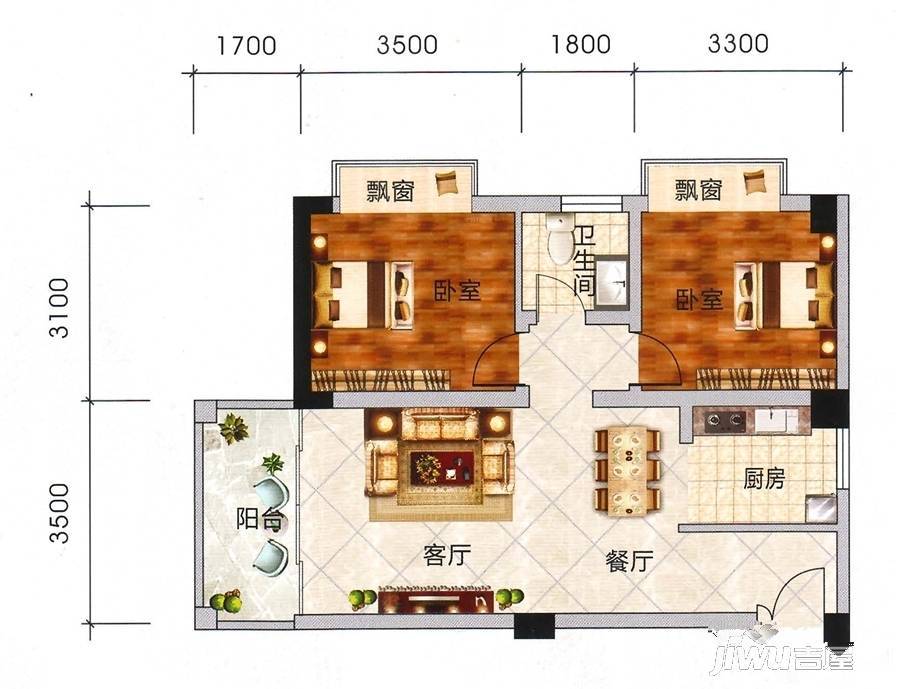 春江花月2室2厅1卫77.8㎡户型图