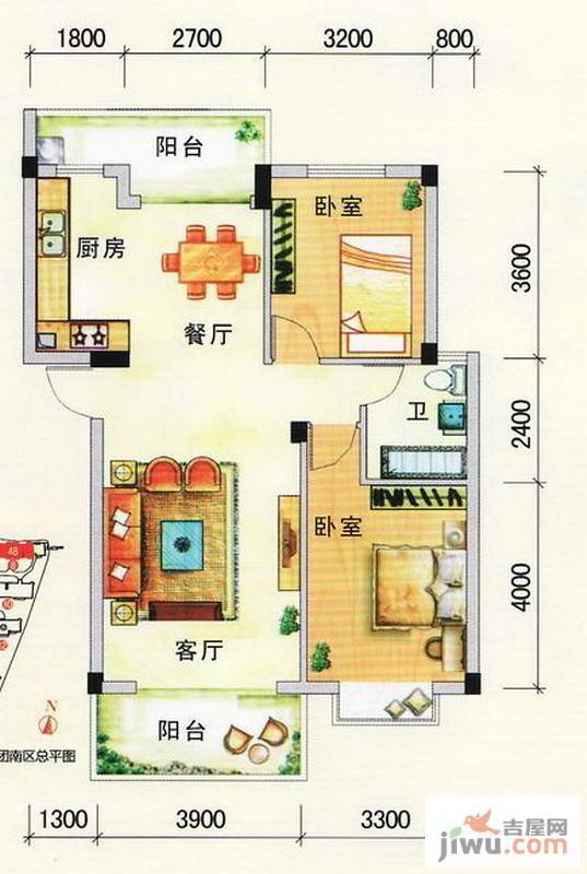 南宁奥园2室2厅1卫86.9㎡户型图