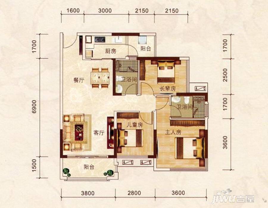 瀚林君庭3室2厅2卫90.7㎡户型图