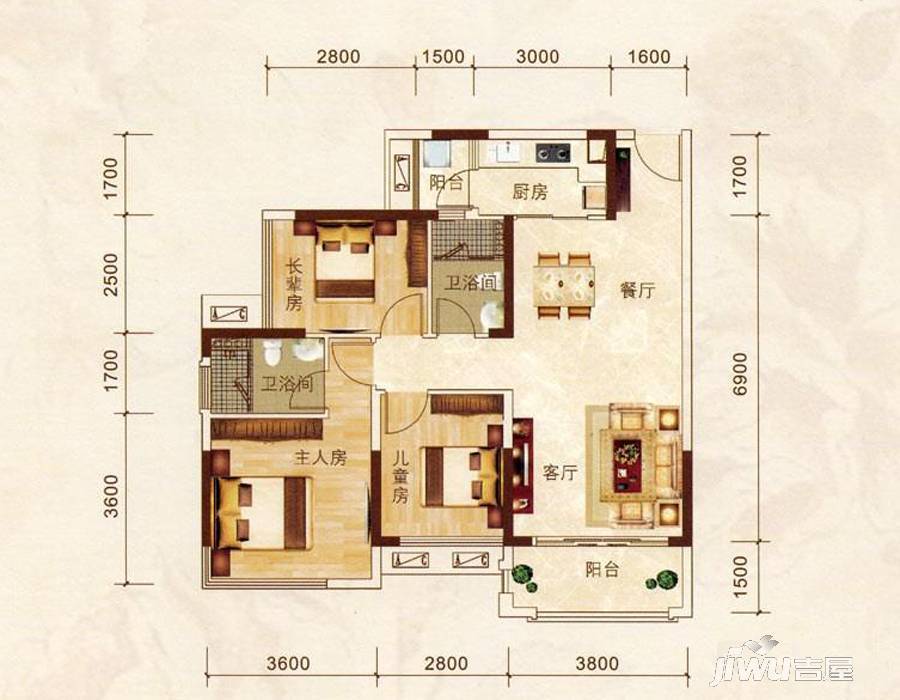 瀚林君庭3室2厅2卫90.9㎡户型图