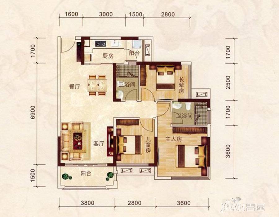 瀚林君庭3室2厅2卫91㎡户型图