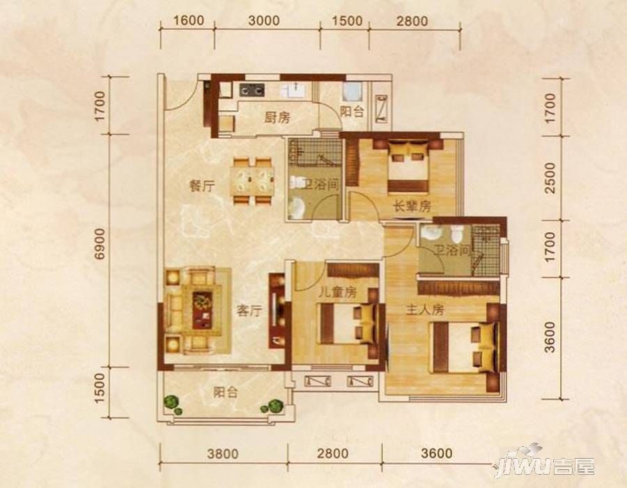 瀚林君庭3室2厅2卫93.9㎡户型图