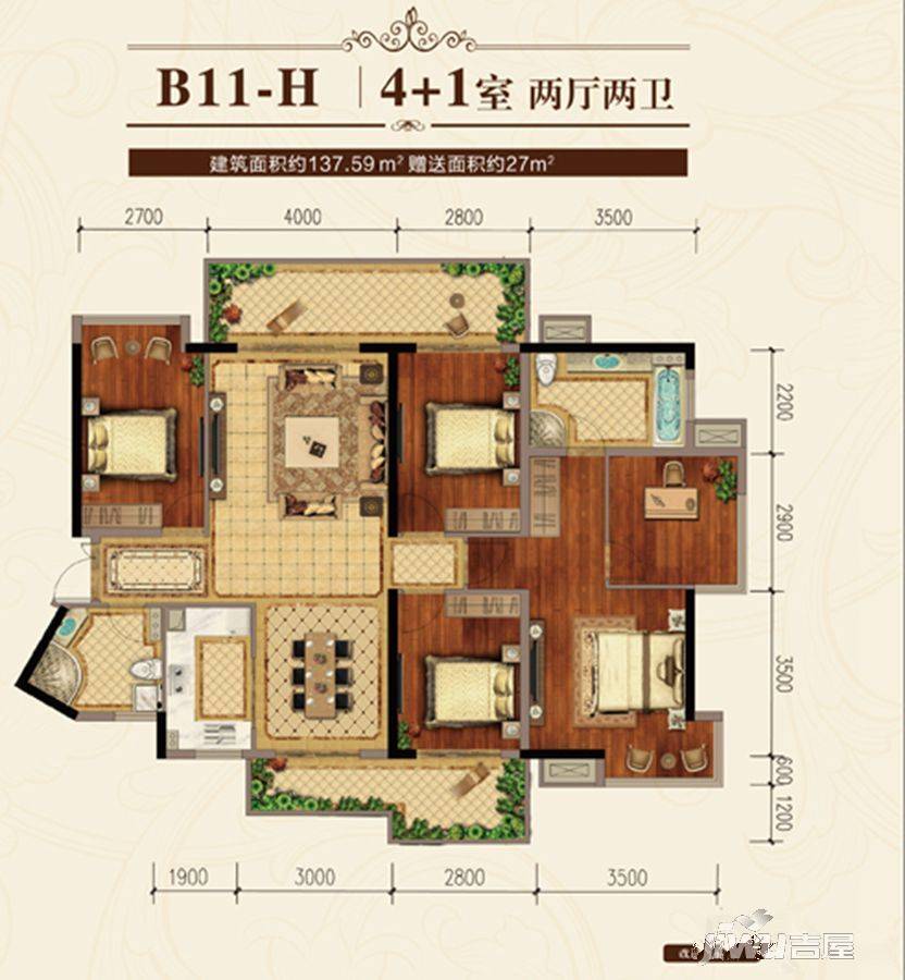 南宁万达茂5室2厅2卫137.6㎡户型图