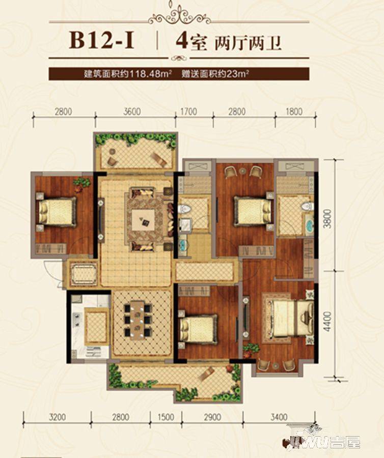 南宁万达茂4室2厅2卫118.5㎡户型图