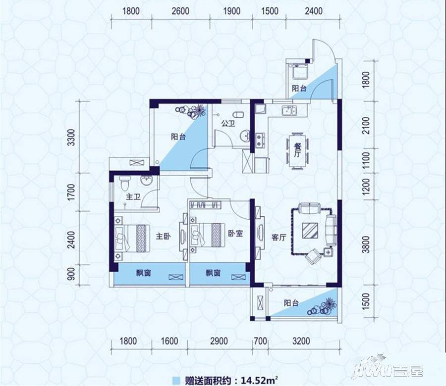 昌泰水立方3室2厅2卫90.7㎡户型图