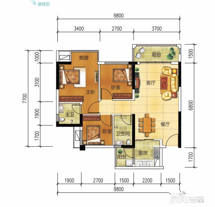 优活时代3室2厅2卫85.6㎡户型图