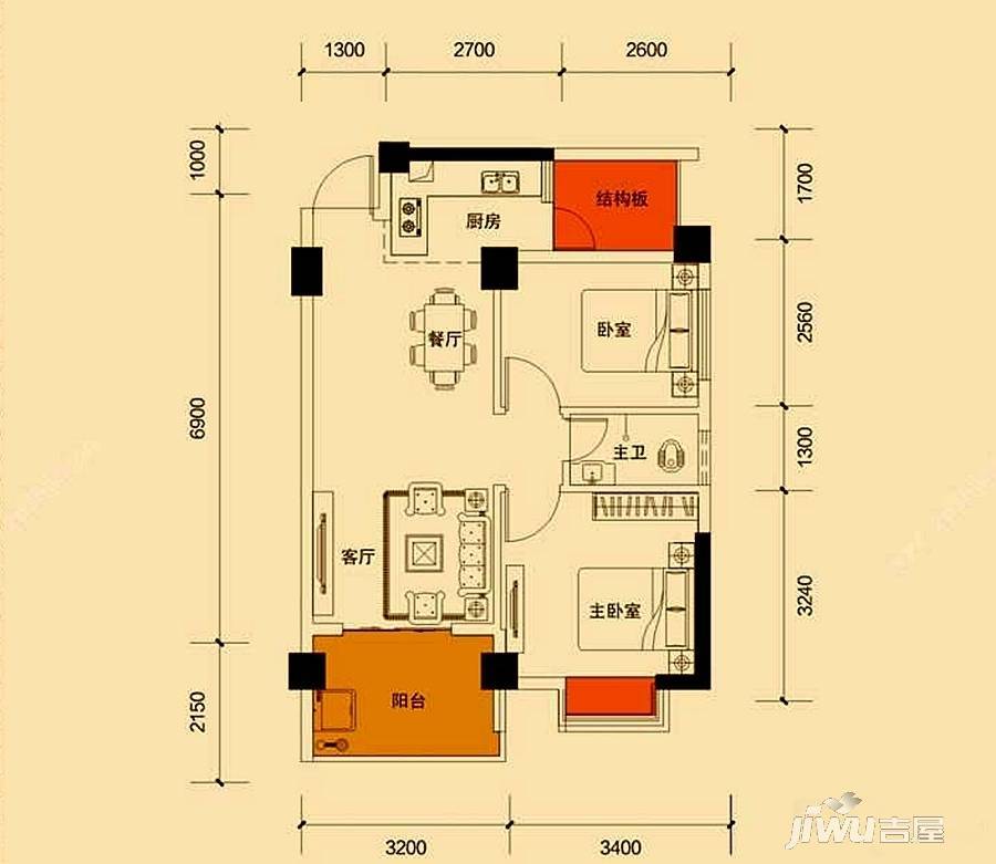 荣耀江南2室2厅1卫68.3㎡户型图