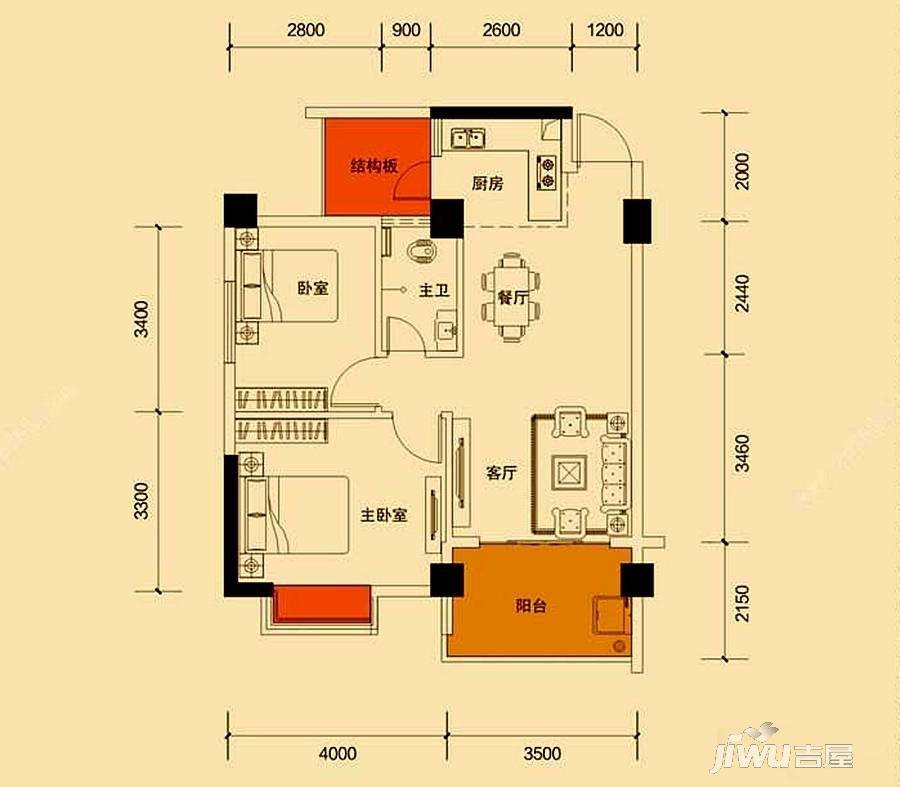 荣耀江南2室2厅1卫74.3㎡户型图