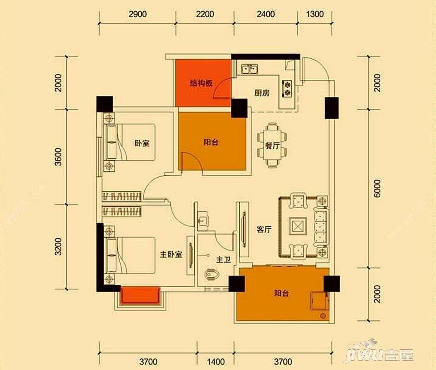 荣耀江南2室2厅1卫81.2㎡户型图