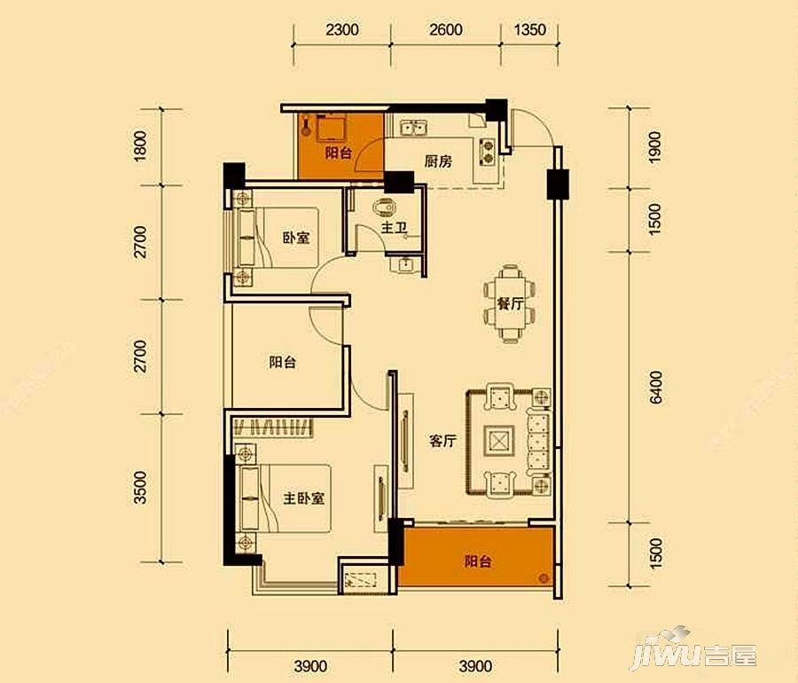 荣耀江南2室2厅1卫90.8㎡户型图