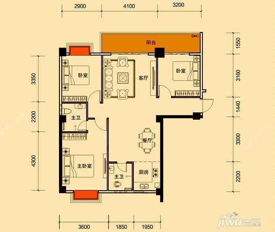 荣耀江南3室2厅2卫118.3㎡户型图