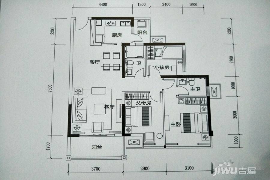 融创融公馆3室2厅2卫92㎡户型图