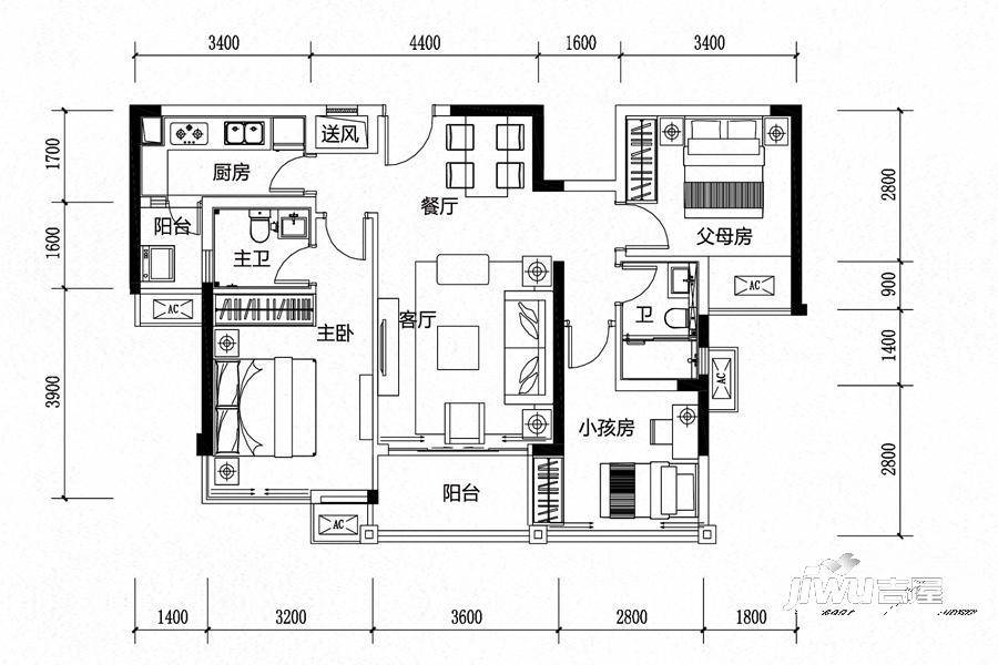 融创融公馆3室2厅2卫91㎡户型图