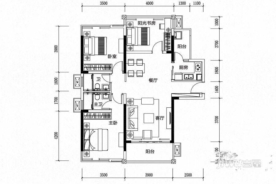 融创融公馆3室2厅2卫104㎡户型图