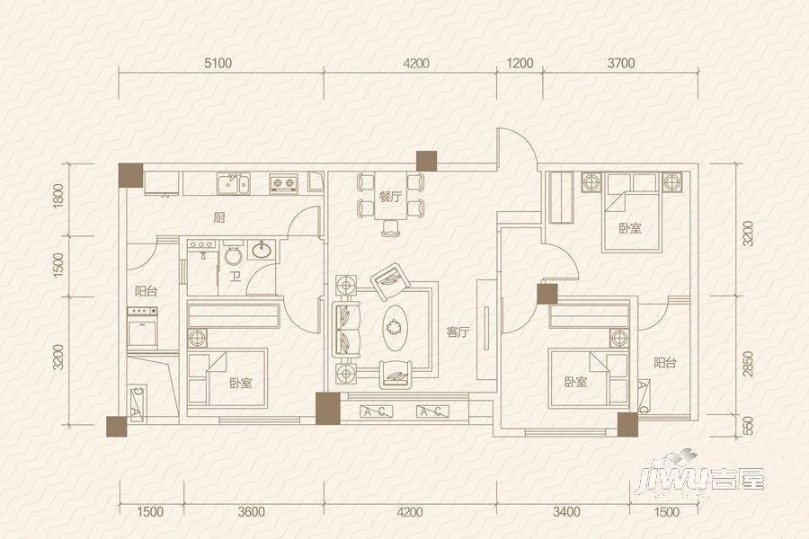 江璟湖3室2厅1卫92.5㎡户型图