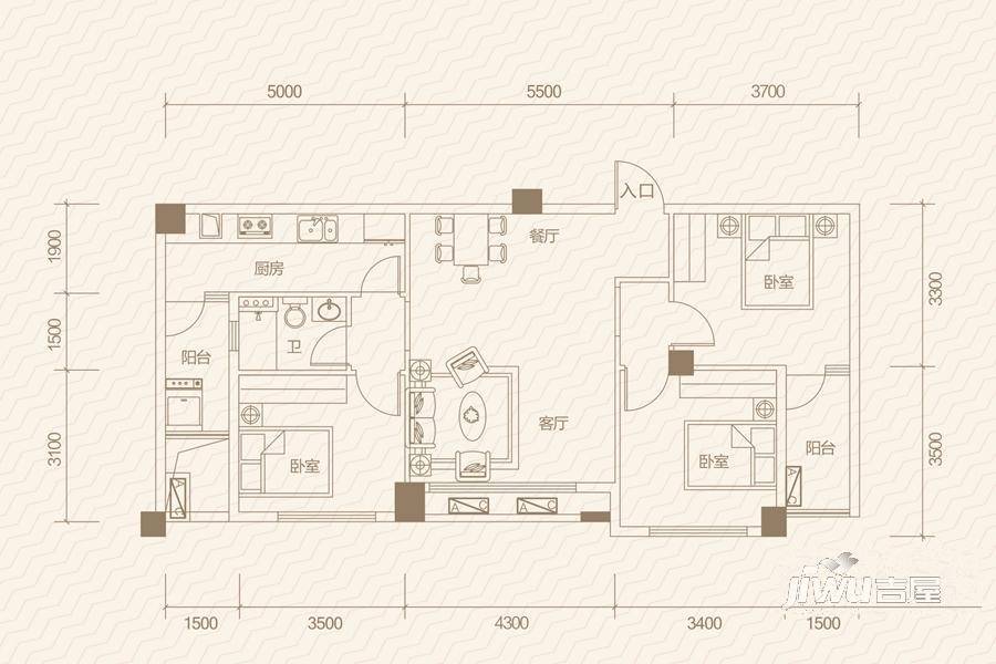 江璟湖3室2厅1卫92.7㎡户型图