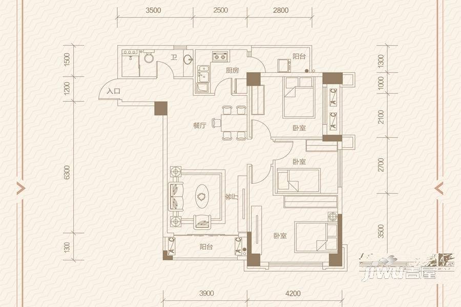 江璟湖3室2厅1卫94.7㎡户型图