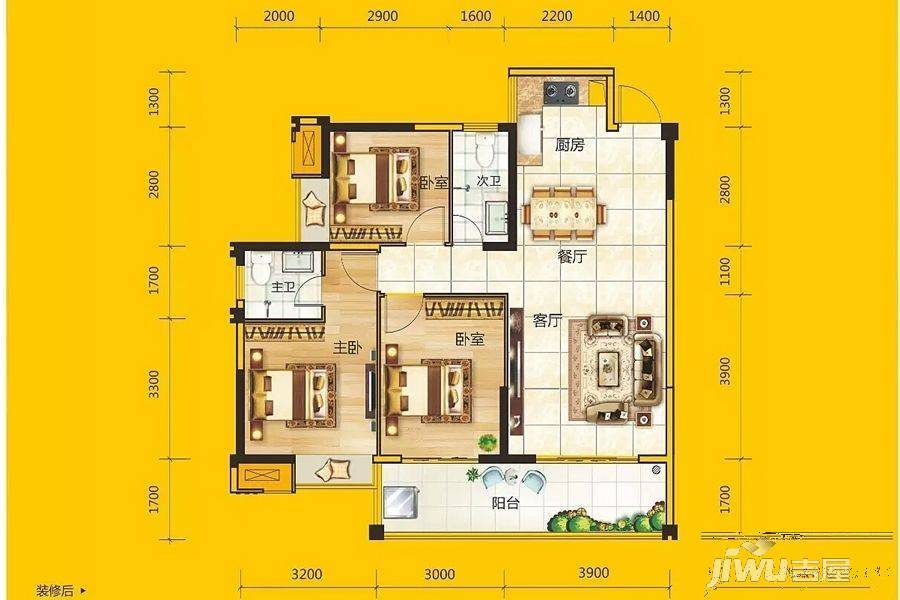 绿港阳光里3室2厅2卫105.4㎡户型图