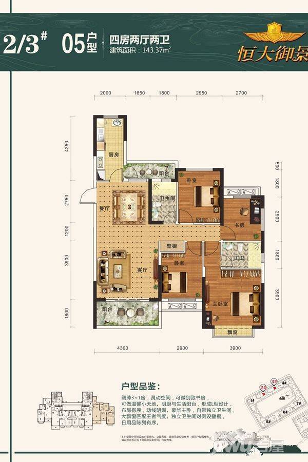 南宁恒大御景4室2厅2卫143.4㎡户型图