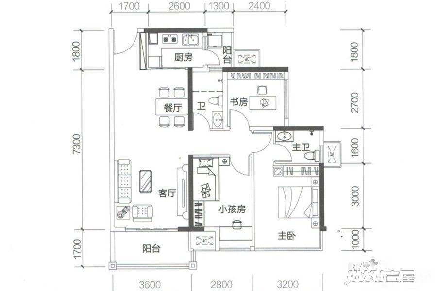 融创融公馆3室2厅2卫91㎡户型图