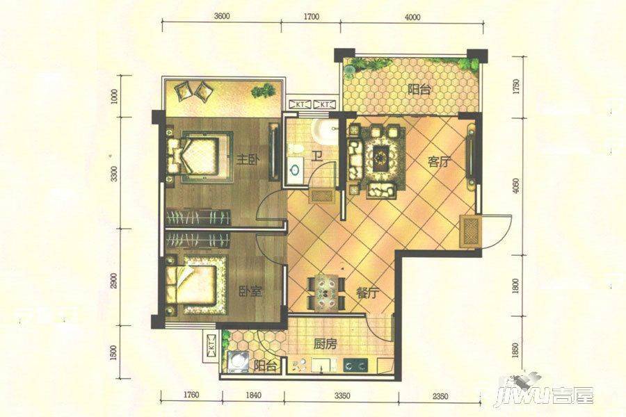 翠湖名都2室2厅1卫82㎡户型图