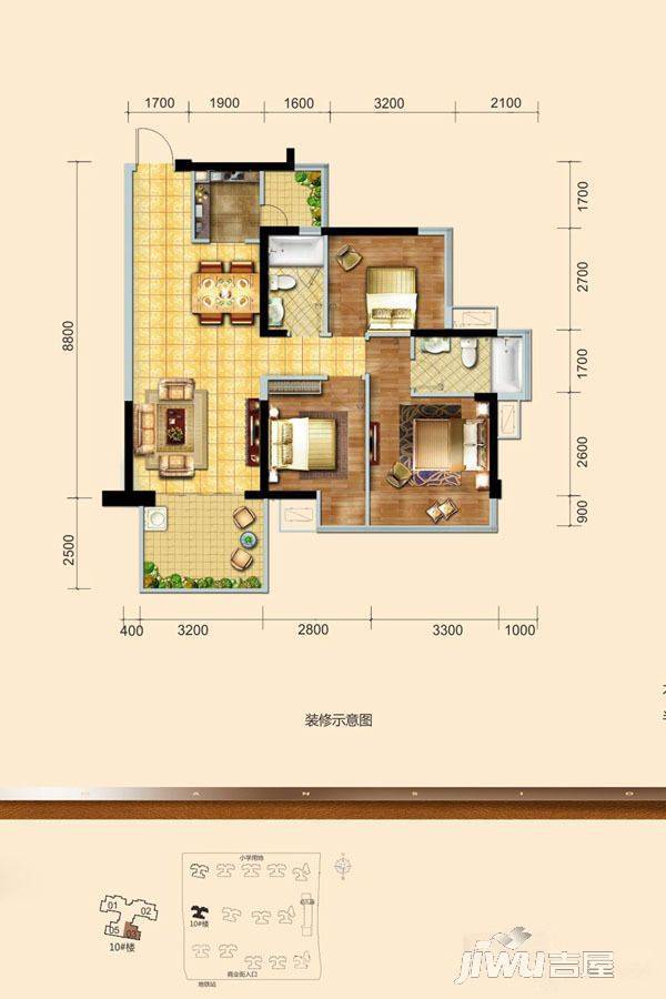 龙光玖珑府3室2厅2卫89㎡户型图