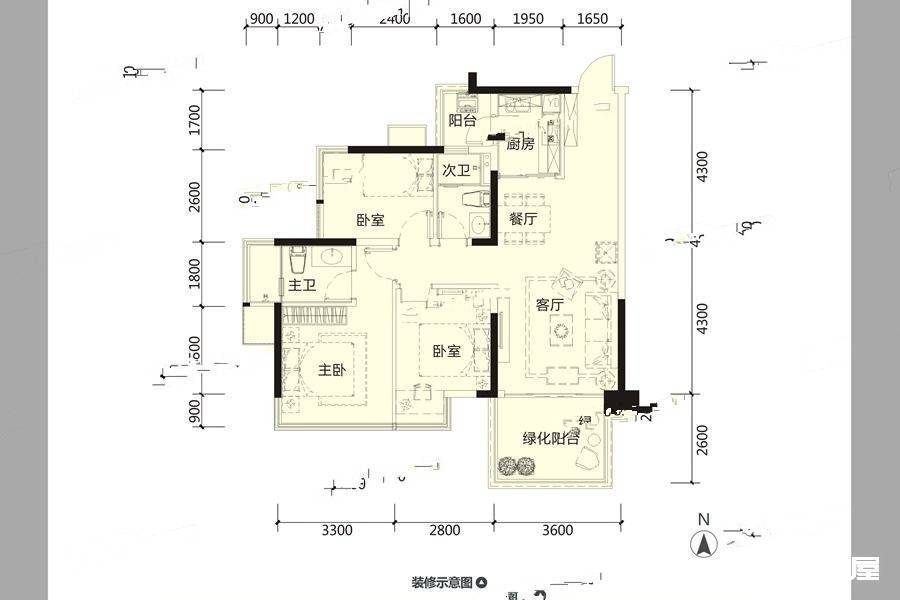 龙光玖珑湖3室2厅2卫88.8㎡户型图