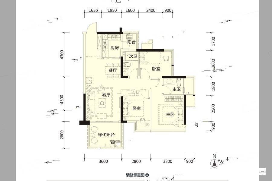 龙光玖珑湖3室2厅2卫88.9㎡户型图