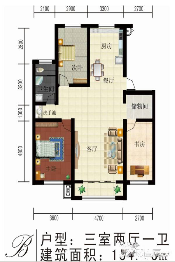 通辽香榭丽舍3室2厅1卫134.7㎡户型图