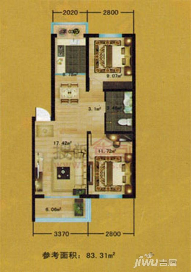 东城领秀2室2厅1卫83.3㎡户型图