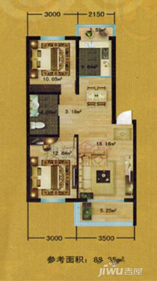 东城领秀2室2厅1卫88.3㎡户型图