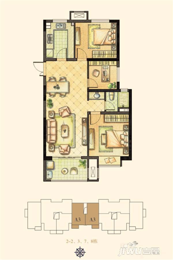 凤凰和泰3室2厅1卫100㎡户型图